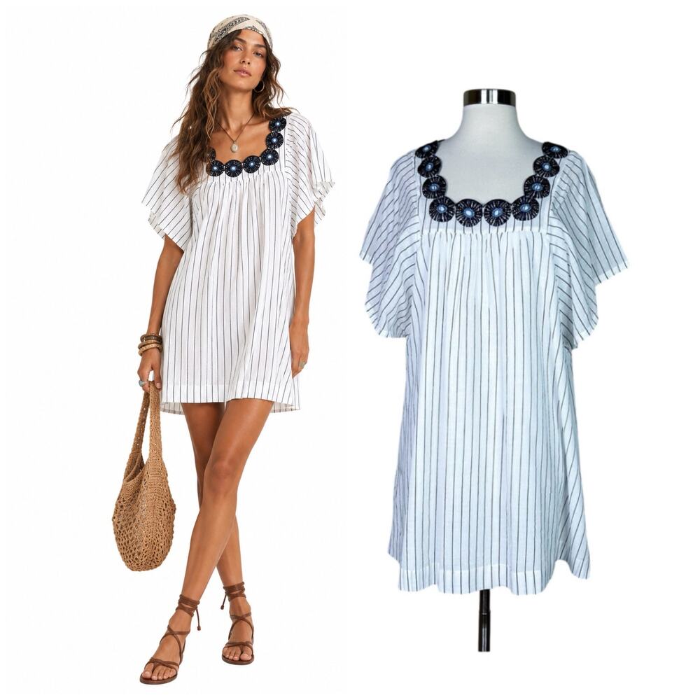 Madewell | White Navy Stripe Embroidered Flutter Sleeve Shift Cotton Dress Small